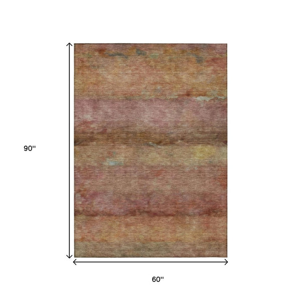HomeRoots 5' Terra Cotta & Gold Abstract Washable Area Rug - Versatile Indoor/Outdoor, Stylish, Durable Design! 658802