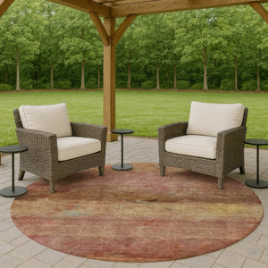 HomeRoots 8' Terra Cotta and Gold Round Rug - Stylish Abstract Design for Indoor/Outdoor Spaces, Washable & Durable 658803