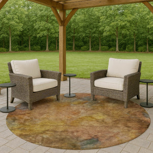 HomeRoots 8' Copper And Gold Round Abstract Area Rug - Stylish, Washable, Durable for Indoor & Outdoor Spaces 658809
