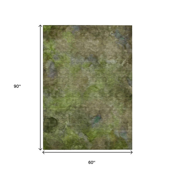 HomeRoots 5' X 8' Olive Green and Gray Abstract Washable Area Rug – Durable, Stylish, Perfect for Indoor/Outdoor Use 658820