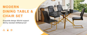English Elm Table and Chair Set Marble Tempered Glass Top Gold Sculptural Legs Four Pu Seats Black+Gold W1151S03292
