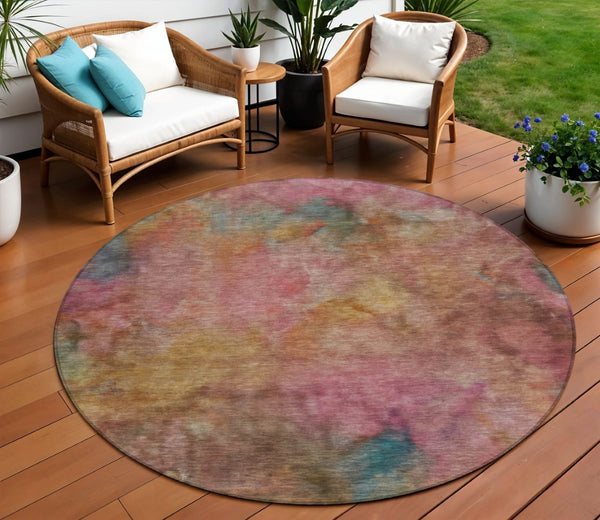 HomeRoots 8' Pink and Orange Round Abstract Area Rug - Washable, Durable, and Perfect for Indoor/Outdoor Use! 658827