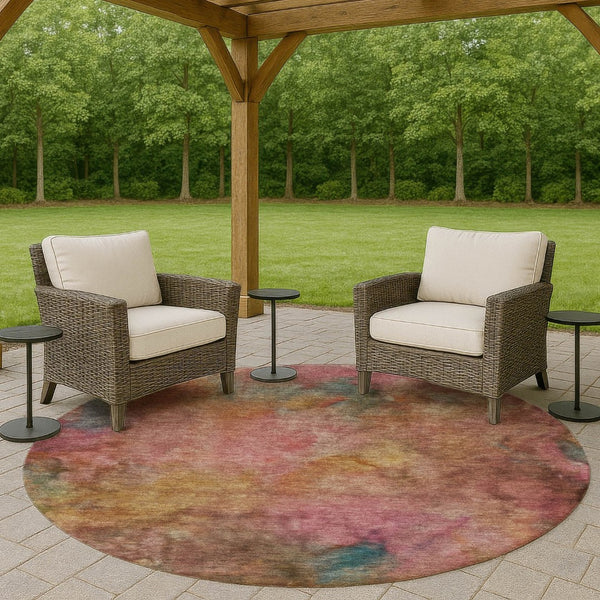 HomeRoots 8' Pink and Orange Round Abstract Area Rug - Washable, Durable, and Perfect for Indoor/Outdoor Use! 658827