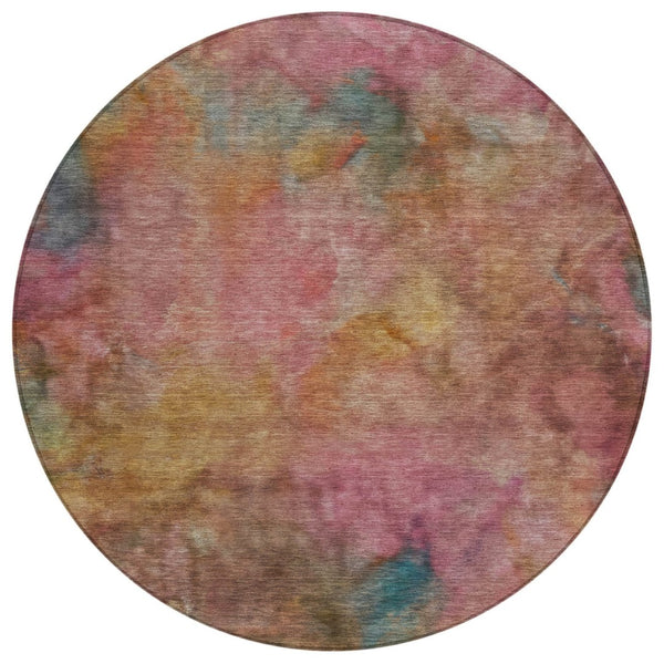 HomeRoots 8' Pink and Orange Round Abstract Area Rug - Washable, Durable, and Perfect for Indoor/Outdoor Use! 658827