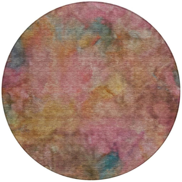 HomeRoots 8' Pink and Orange Round Abstract Area Rug - Washable, Durable, and Perfect for Indoor/Outdoor Use! 658827