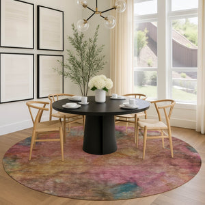 HomeRoots 8' Pink and Orange Round Abstract Area Rug - Washable, Durable, and Perfect for Indoor/Outdoor Use! 658827