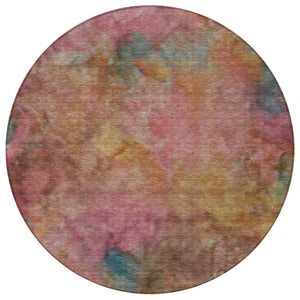 HomeRoots 8' Pink and Orange Round Abstract Area Rug - Washable, Durable, and Perfect for Indoor/Outdoor Use! 658827