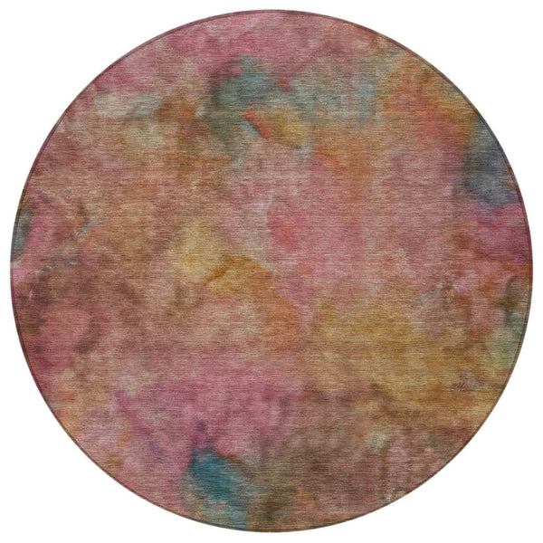 HomeRoots 8' Pink and Orange Round Abstract Area Rug - Washable, Durable, and Perfect for Indoor/Outdoor Use! 658827