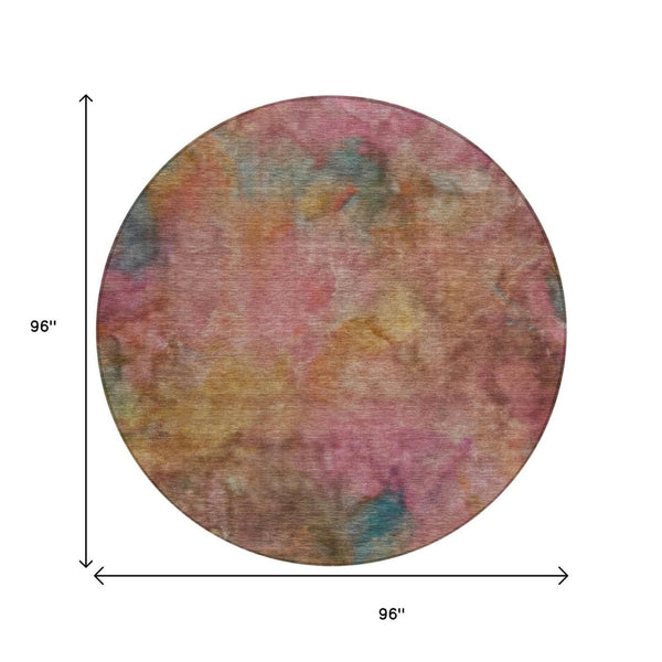 HomeRoots 8' Pink and Orange Round Abstract Area Rug - Washable, Durable, and Perfect for Indoor/Outdoor Use! 658827