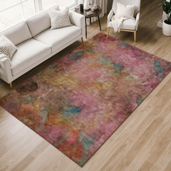 HomeRoots 9' X 12' Pink and Orange Abstract Area Rug - Washable, Stain-Resistant, Perfect for Indoor & Outdoor Use! 658829