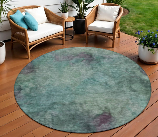 HomeRoots 8' Teal Blue and Purple Round Abstract Area Rug – Washable, Stylish, Durable for Indoor & Outdoor Use 658839