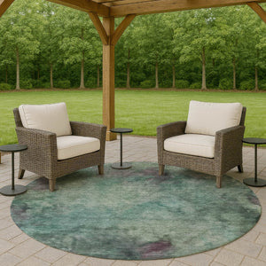 HomeRoots 8' Teal Blue and Purple Round Abstract Area Rug – Washable, Stylish, Durable for Indoor & Outdoor Use 658839