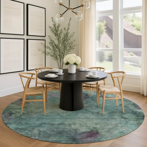 HomeRoots 8' Teal Blue and Purple Round Abstract Area Rug – Washable, Stylish, Durable for Indoor & Outdoor Use 658839