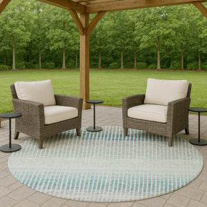 HomeRoots 8' Stylish Blue, Ivory & Gray Striped Round Area Rug – Washable, Durable Design for Indoor & Outdoor Use 658845