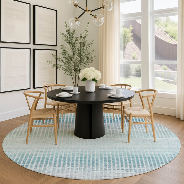 HomeRoots 8' Stylish Blue, Ivory & Gray Striped Round Area Rug – Washable, Durable Design for Indoor & Outdoor Use 658845