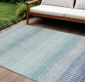 HomeRoots 10' Coastal Blue Ivory Gray Striped Washable Area Rug for Indoor Outdoor Use - Durable & Stylish! 658848