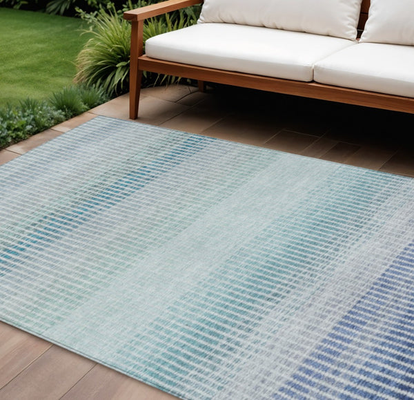 HomeRoots 10' Coastal Blue Ivory Gray Striped Washable Area Rug for Indoor Outdoor Use - Durable & Stylish! 658848