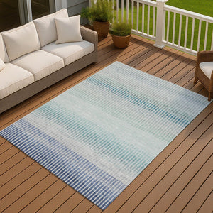 HomeRoots 10' Coastal Blue Ivory Gray Striped Washable Area Rug for Indoor Outdoor Use - Durable & Stylish! 658848