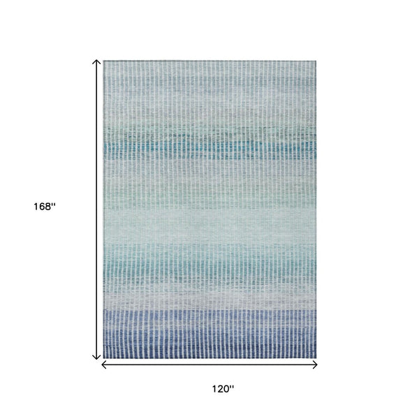 HomeRoots 10' Coastal Blue Ivory Gray Striped Washable Area Rug for Indoor Outdoor Use - Durable & Stylish! 658848