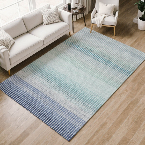 HomeRoots 10' Coastal Blue Ivory Gray Striped Washable Area Rug for Indoor Outdoor Use - Durable & Stylish! 658848