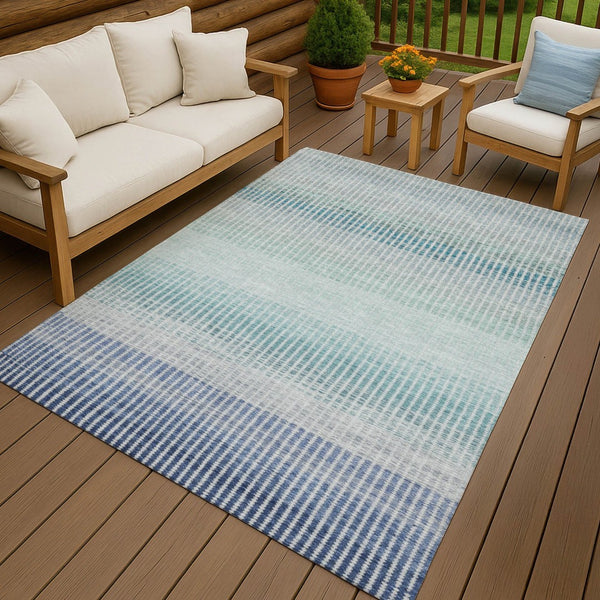 HomeRoots 10' Coastal Blue Ivory Gray Striped Washable Area Rug for Indoor Outdoor Use - Durable & Stylish! 658848