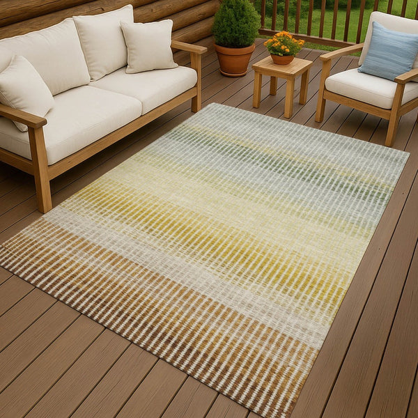HomeRoots 5' Indoor Outdoor Copper Gray Beige Striped Area Rug – Washable, Durable, Stain-Resistant Design! 658856