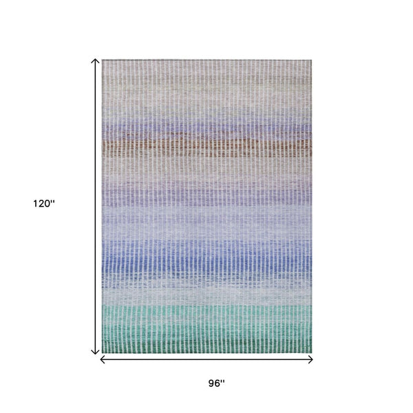 HomeRoots 8' X 10' Striped Washable Area Rug in Green, Lavender & Teal - Durable, Stylish for Indoor/Outdoor Use 658864