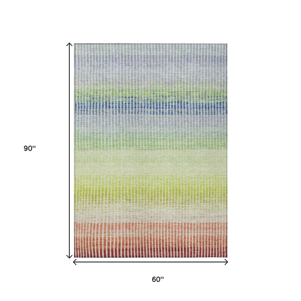 HomeRoots 5' X 8' Vibrant Chili Red, Green, Blue Striped Washable Area Rug for Indoor & Outdoor Spaces 658880