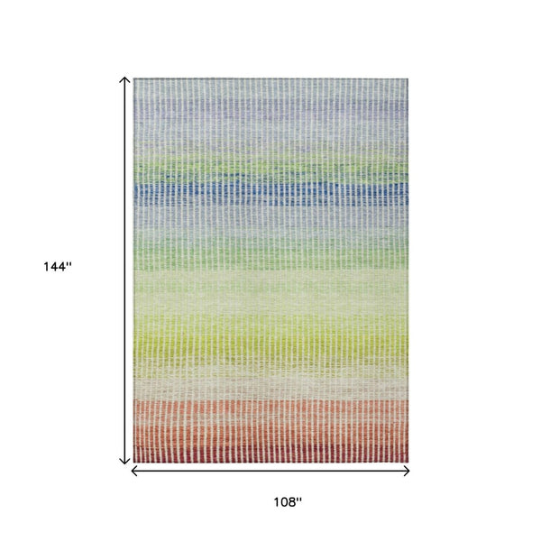 HomeRoots 9' X 12' Chili Red, Green & Blue Striped Indoor-Outdoor Area Rug - Durable, Washable & Stylish! 658883