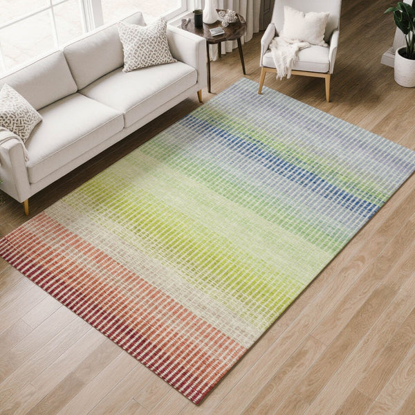 HomeRoots 10' Chili Red, Green & Blue Striped Washable Area Rug - Perfect for Indoor & Outdoor Spaces! 658884