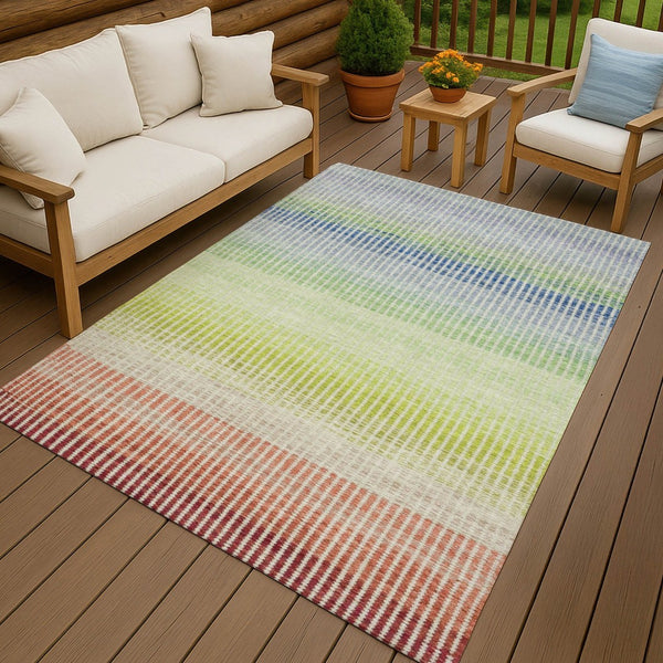 HomeRoots 10' Chili Red, Green & Blue Striped Washable Area Rug - Perfect for Indoor & Outdoor Spaces! 658884