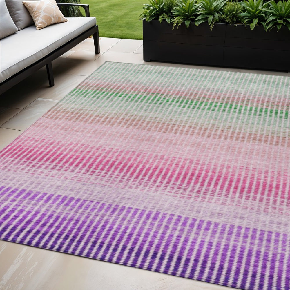 HomeRoots 5' Vibrant Purple, Pink & Green Striped Washable Area Rug for Indoor/Outdoor Use – Durable & Stylish! 658886