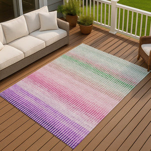 HomeRoots 5' Vibrant Purple, Pink & Green Striped Washable Area Rug for Indoor/Outdoor Use – Durable & Stylish! 658886