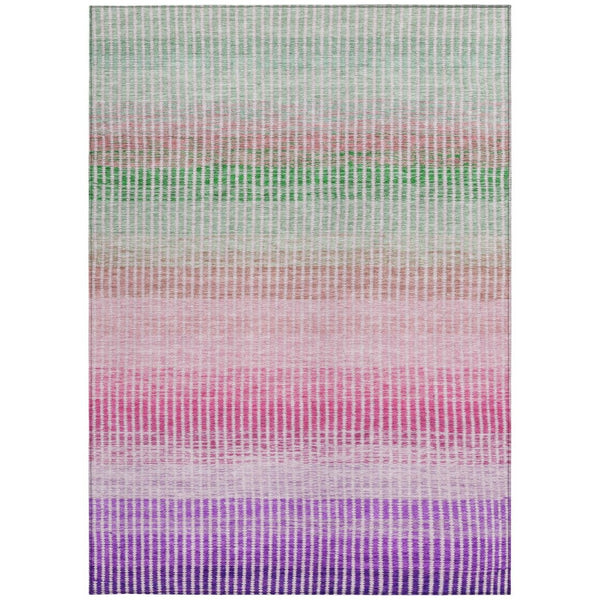 HomeRoots 5' Vibrant Purple, Pink & Green Striped Washable Area Rug for Indoor/Outdoor Use – Durable & Stylish! 658886