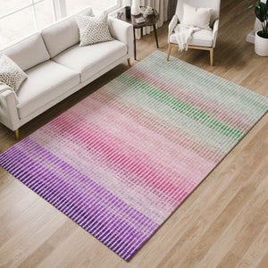 HomeRoots 5' Vibrant Purple, Pink & Green Striped Washable Area Rug for Indoor/Outdoor Use – Durable & Stylish! 658886