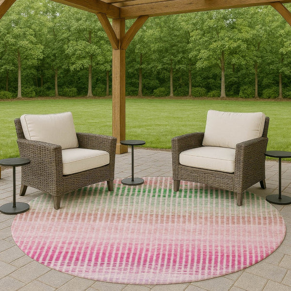 HomeRoots 8' Vibrant Round Striped Area Rug in Purple, Pink & Green – Durable, Washable for Indoor/Outdoor Use 658887