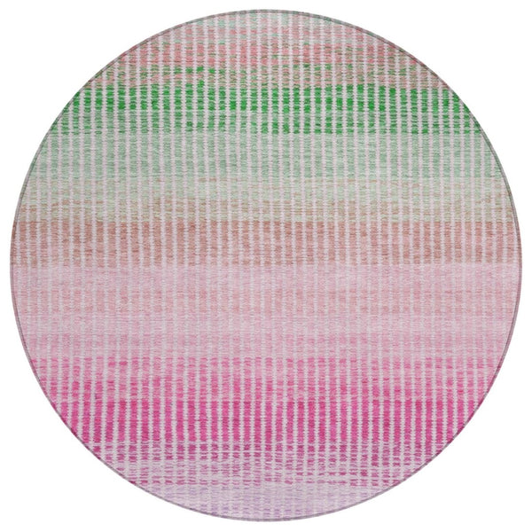 HomeRoots 8' Vibrant Round Striped Area Rug in Purple, Pink & Green – Durable, Washable for Indoor/Outdoor Use 658887