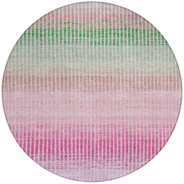 HomeRoots 8' Vibrant Round Striped Area Rug in Purple, Pink & Green – Durable, Washable for Indoor/Outdoor Use 658887