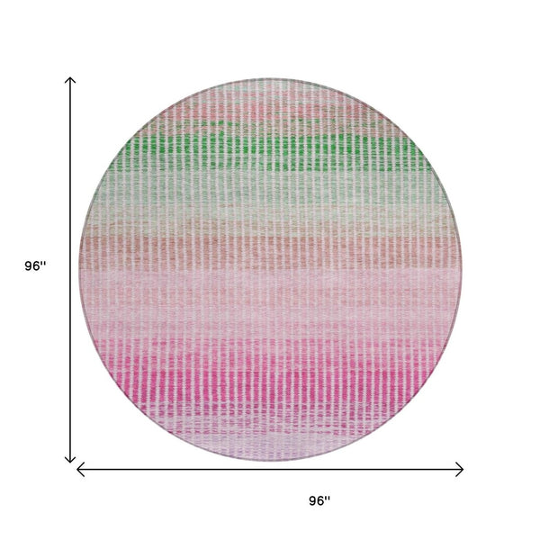 HomeRoots 8' Vibrant Round Striped Area Rug in Purple, Pink & Green – Durable, Washable for Indoor/Outdoor Use 658887