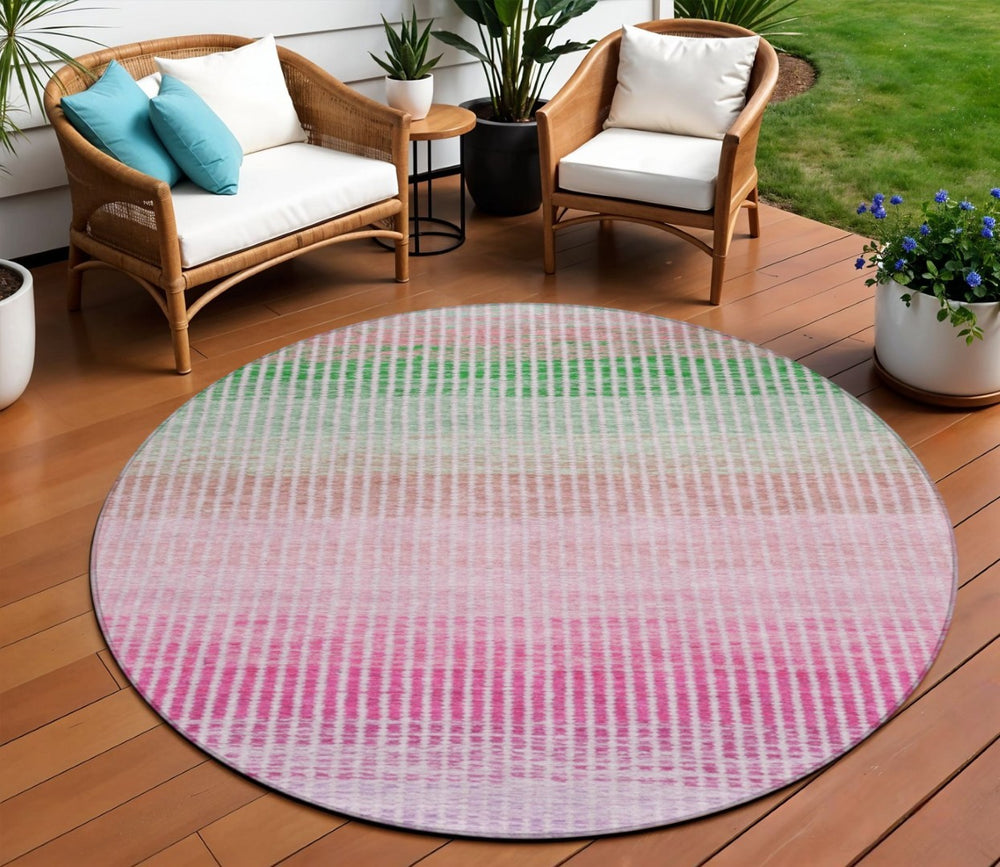 HomeRoots 8' Vibrant Round Striped Area Rug in Purple, Pink & Green – Durable, Washable for Indoor/Outdoor Use 658887