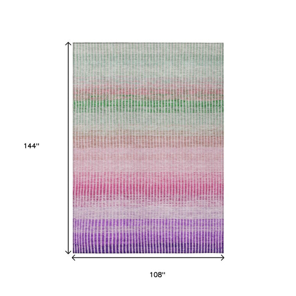 HomeRoots 9' X 12' Vibrant Purple Pink Green Striped Washable Area Rug for Indoor & Outdoor Use, Durable & Stylish 658889