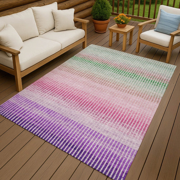 HomeRoots 9' X 12' Vibrant Purple Pink Green Striped Washable Area Rug for Indoor & Outdoor Use, Durable & Stylish 658889
