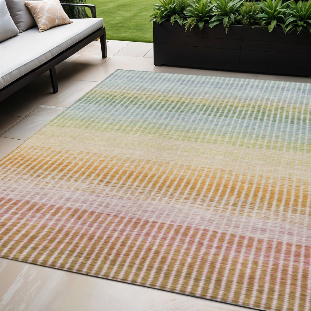 HomeRoots 5' X 8' Colorful Salmon Blue and Peach Striped Washable Area Rug for Indoor and Outdoor Spaces 658892