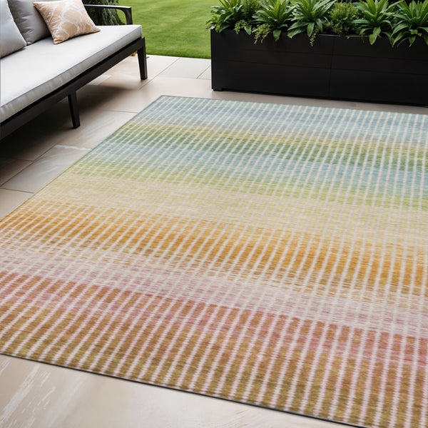 HomeRoots 5' X 8' Colorful Salmon Blue and Peach Striped Washable Area Rug for Indoor and Outdoor Spaces 658892