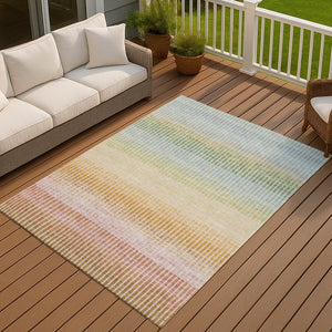 HomeRoots 5' X 8' Colorful Salmon Blue and Peach Striped Washable Area Rug for Indoor and Outdoor Spaces 658892