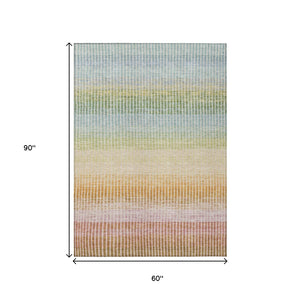 HomeRoots 5' X 8' Colorful Salmon Blue and Peach Striped Washable Area Rug for Indoor and Outdoor Spaces 658892