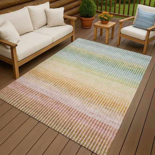 HomeRoots 5' X 8' Colorful Salmon Blue and Peach Striped Washable Area Rug for Indoor and Outdoor Spaces 658892