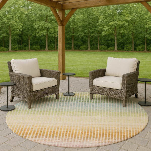 HomeRoots 8' Vibrant Salmon, Blue & Peach Round Striped Area Rug - Washable, Durable for Indoor/Outdoor Use! 658893