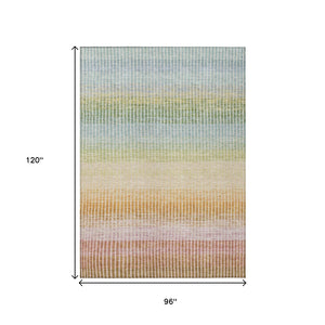 HomeRoots 8' Indoor Outdoor Area Rug - Stylish Salmon, Blue & Peach Striped Design, Washable & Durable for All Spaces 658894