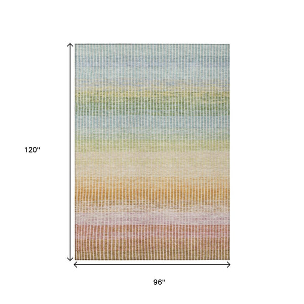 HomeRoots 8' Indoor Outdoor Area Rug - Stylish Salmon, Blue & Peach Striped Design, Washable & Durable for All Spaces 658894